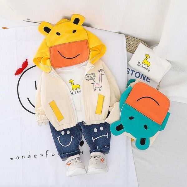 

2020 spring autumn toddler baby boys clothes giraffe t-shirt + zipper jacket +jeans 3pcs suit outfit for 0-4 year kids clothes, White