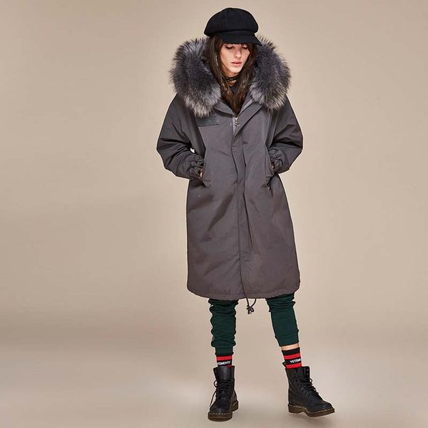 

leisure large size lengthen down coats loose over knee raccoon fur collar down hooded collar jacket coat, Black