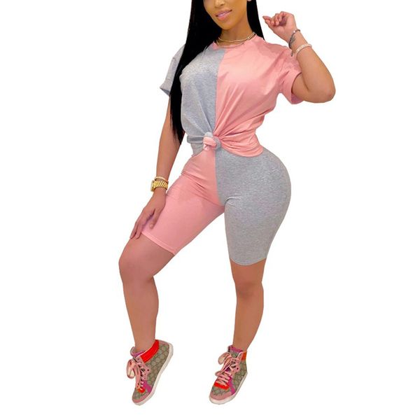 

two-piece women color block sport outfit loose short sleeve round neck t-shirt and tight shorts set /2, White;red