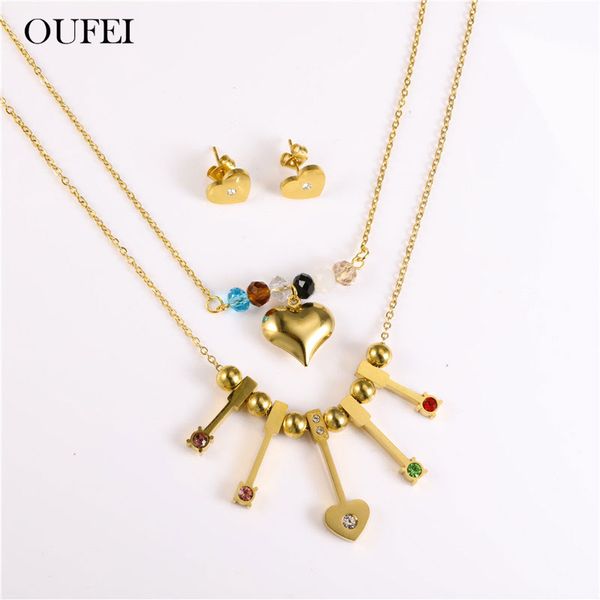 

oufei stainless steel jewelry sets heart key necklace earrings set charms fashion jewelry woman accessories ing, Silver