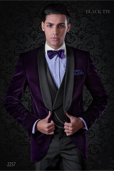 

brand new one button purple velvet wedding groom tuxedos shawl lapel groomsmen men suits prom blazer (jacket+pants+vest+tie) no:2083, Black;gray