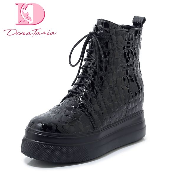 

doratasia brand design genuine leather shoelace height increasing shoes woman casual ankle boots women shoes, Black