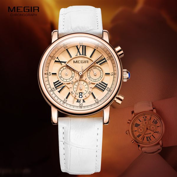 

megir woman's chronograph quartz watch with 24 hours and calendar display white leather strap wrist satches for ladies 2058l, Slivery;brown