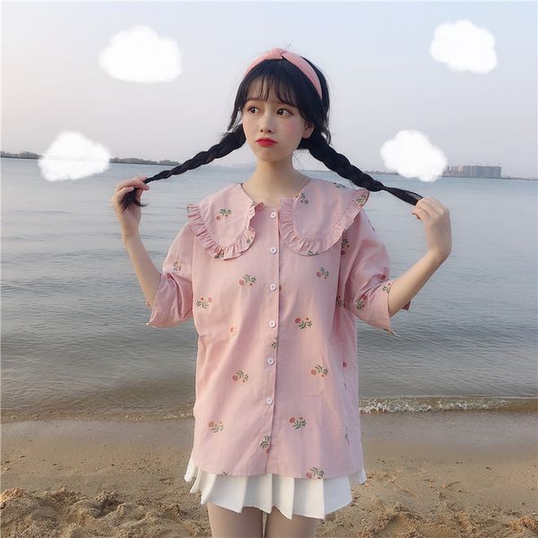 

2020 summer women blouse peter pan collar sunflower/pineapple printed blusa japanese lolita style cute kawaii white pink shirts
