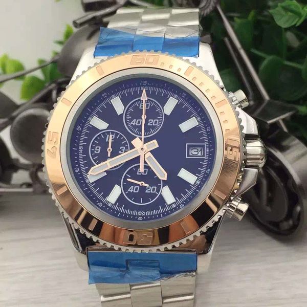 

functional superocean chronograph ii 44mm mens watches quartz wristwatches rotatable stainless steel bezel with a gold ring, Slivery;brown