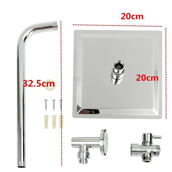 

8inch square chrome finished bathroom ultrathin shower head + stainless steel shower arm + 3 ways t-adapter bathroom faucet part