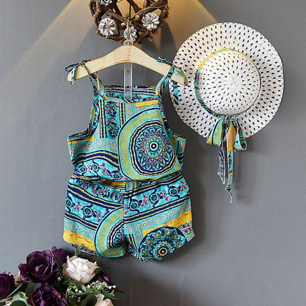 

menoea girls clothing sets summer special ethnic style girls printed camisole shorts send hat 3pcs casual holiday suits outfits t200526, White