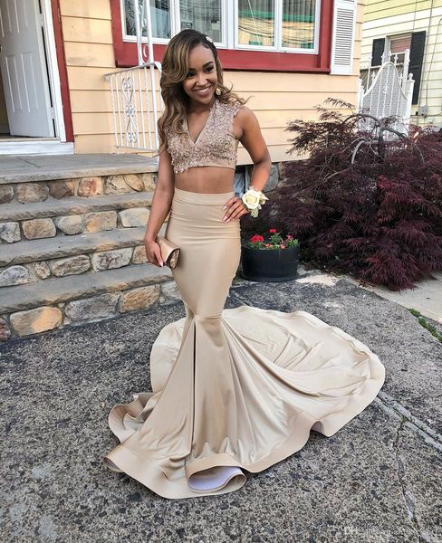 

shining beadings v neck mermaid evening dresses crop sleeveless floor length party prom gown latest, Black;red