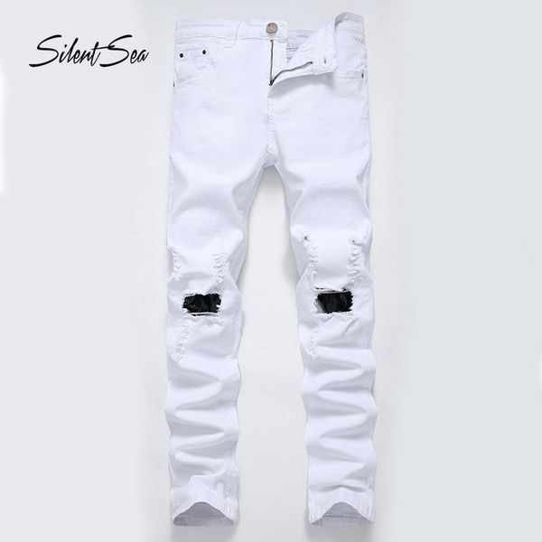 

silentsea new men ripped jeans fashion knee hole pants young man cowboys hip hop trendy pants student jeans, Blue