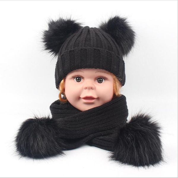 

beanies scarf setbaby winter pom pom knit hats scarves girls solid fur skull caps wraps double ball casual wool cap neckerchief ayp6343, Red;brown