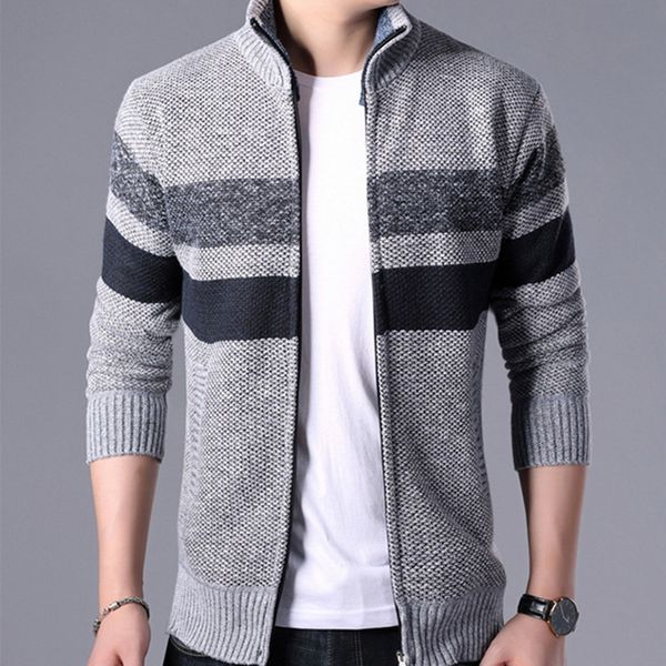 

mjartoria 2019 толстый sweatercoat мужчины полосатый стенд воротник zipper свитер пальто верхняя одежда зимняя флис кашемир liner свитера, White;black