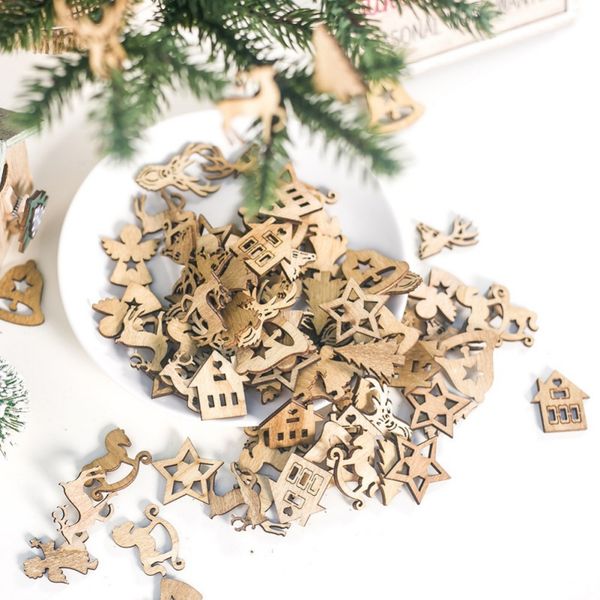 

100pcs diy natural wooden chip christmas tree hanging ornaments pendant kids gifts snowman tree shape xmas ornaments decorations