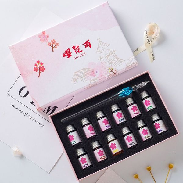 

13pcs/set cherry blossom bottled dip glass pen ink with fountain dip writing signature pen art supplies gifts