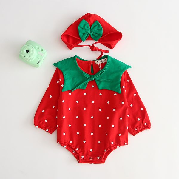 

baby kids designer clothes Romper O-neck Long Sleeve Strawberry Comfortable Romper With Hat Clothes 100% cotton girl rompers 0-2T