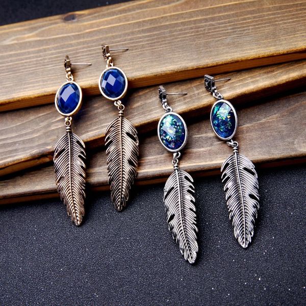 

retro alloy oval feather pendant earrings for women, Golden;silver