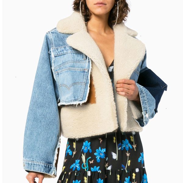 

2019 winter women jackets coat ladies warm contrast denim lamb fur coat lapel neck long sleeve short jacket outwear streetwear, Black;red