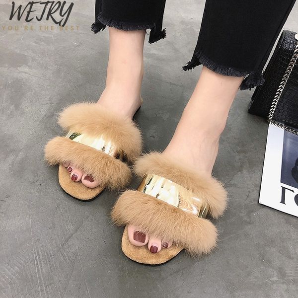 

women slippers fashion metal bling fur slides flat flip flops summer winter outside home slipper cozy ladies shoes, Black