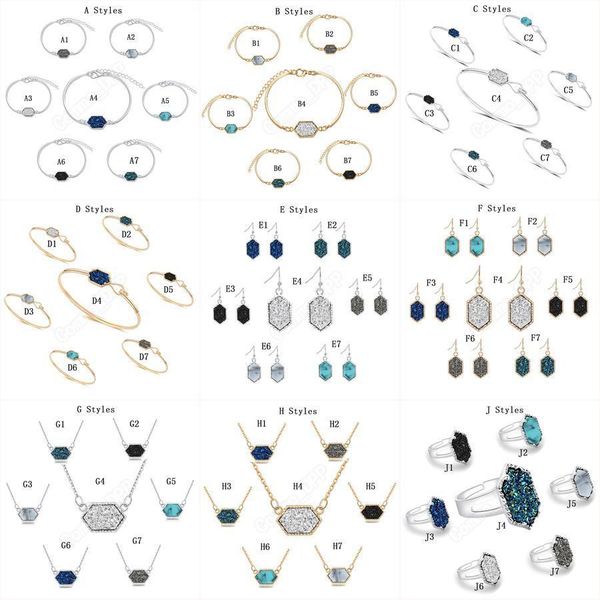 

14 style druzy stone pendant necklace dangle earrings bangle rings for women geometric natural stone designer luxury jewelry, Silver