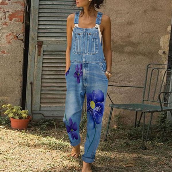 

laamei womens florals printed length jeans fashion women jeans autumn straps neck light washed pockets overalls denim pants, Blue