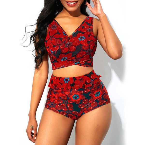

2019 summer swimwear plus size two piece bikini set low cut bathing suit floral print tankini plus size women ruffle swimsuit