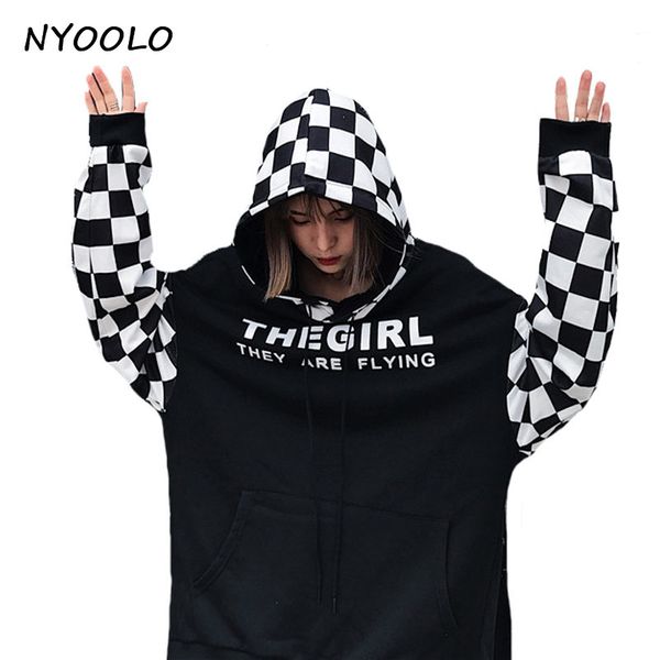 

nyoolo streetwear хип-хоп вершины сверхразмерные письма печати клетчатые лоскутные пуловеры с капюшоном женщины / мужчины bf свободную одежд, Black