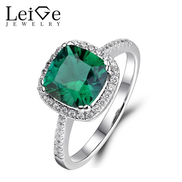 

leige jewelry silver 925 emerald ring green gemstone wedding engagement halo rings for women anniversary gift cushion cut, Golden;silver