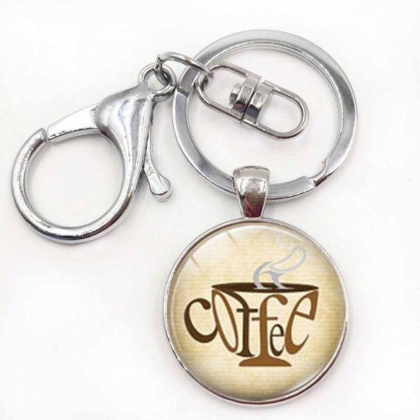 

a cup of afternoon p round glass ring keychain fashion personality car key ring cafe commemorative gift, Silver