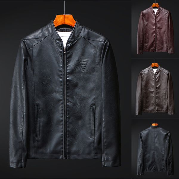 

men's autumn winter new retro solid collar jacket pure long sleeved coat dropshipping 20 motorcycle leather jacket slim fit coat, Black;brown