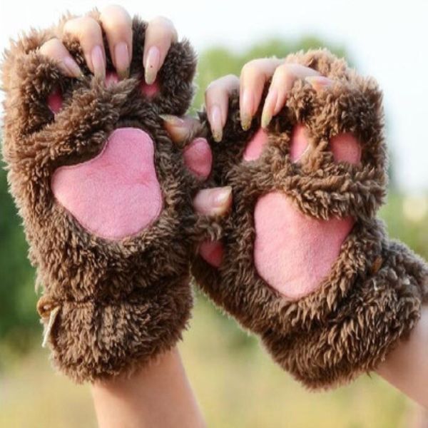 

2019 winter women girls mitten plush gloves bear cat claw half finger gloves ladies covers fingerless cute anime cos, Blue;gray