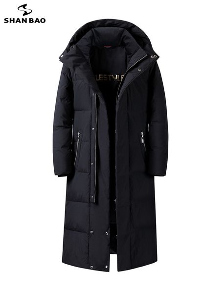 

shanbao luxury white duck down super thick plus long hooded down jacket men and women can wear casual jacket, Black