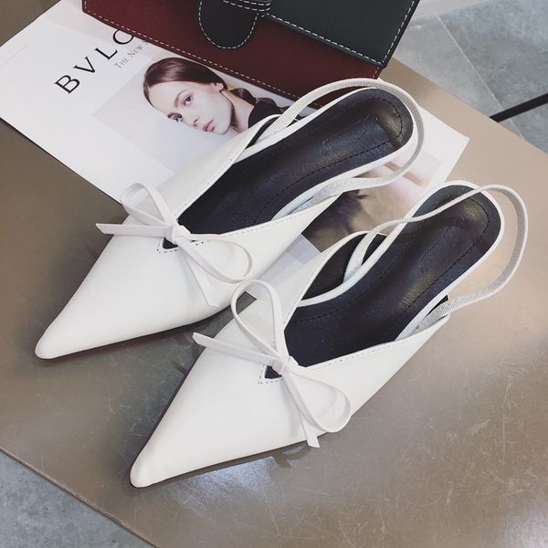 

pointed toe thin heels shoes woman 2020 woman's slippers luxury slides med new designer cover pu rubber fretwork basic shoes, Black