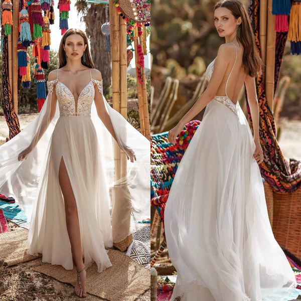 

asaf dadush boho wedding dresses with wrap cape spaghetti lace appliques beads a line high side split wedding dress chiffon bridal gowns, White