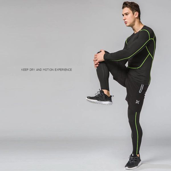

3pcs compression quick dry tight tracksuit men training fitness long sleeve shirt pants male o-neck gym sport outdoor apparel kg-413, Black;blue