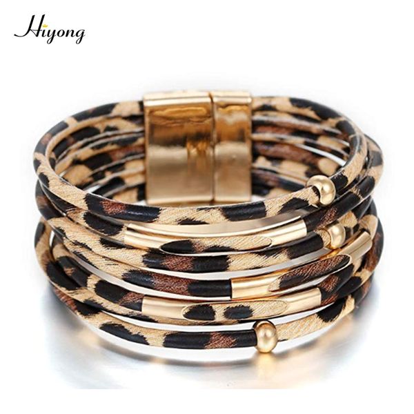 

hiyong 2019 fashion leopard leather bracelets for women metal beads multilayer wrap bracelet magnet buckle bangle jewelry, Golden;silver