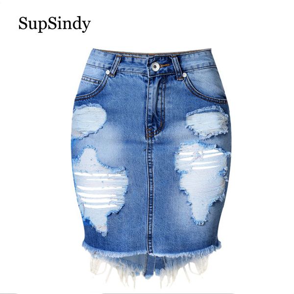 

supsindy summer women denim skirt high waist wild slim denim pencil skirts cotton female casual irregular ripped mini skirt blue, Black