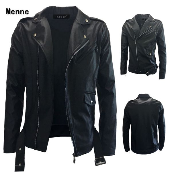 

menne men's leather jacket motorcycle slim leisure lapel oblique zipper leather jacket, Black