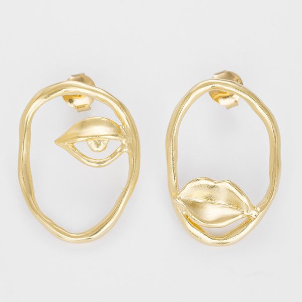 

unique fashion silver gold hollow circle asymmetry eye lip stud earrings for women art face profile oval earrings jewelry, Golden;silver