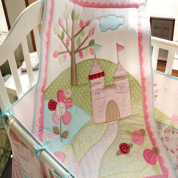 

9pcs ins baby bedding set embroidered bird trees wildflowers castle crib bedding set quilt bumper mattress cover cot