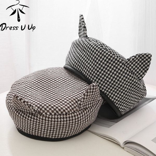 

dressuup women cute ear berets hats autumn winter vintage houndstooth painter beret cap boinas para mujer plaid hat, Blue;gray