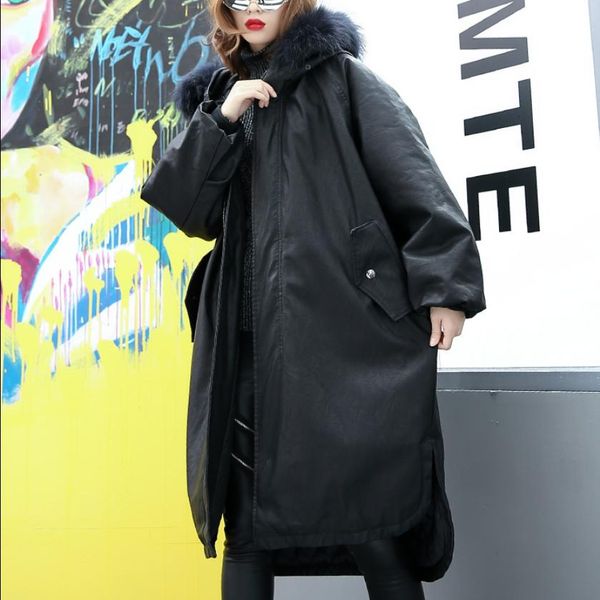 

winter women's pu leather jacket fur collar hooded cotton-padded coat long sleeve thicken oversizr overcoat fashion parkas l1647, Black