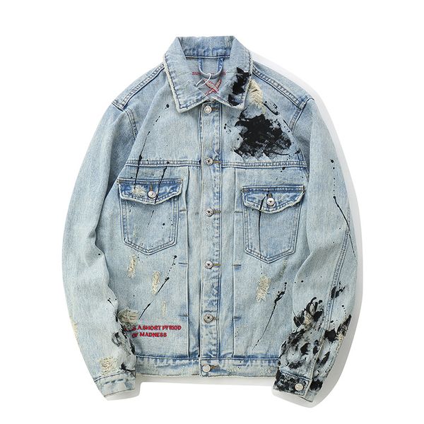 

fashion light blue mens denim jackets letter embroidery splashed broken jean jacket street style outfits, Black;brown