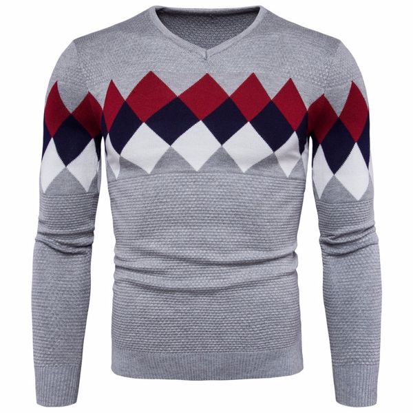 

2019 men's cotton v-neck lattice-style sweaters fashion men's stitching color slim long sleeve sweater for male autumn winter, White;black