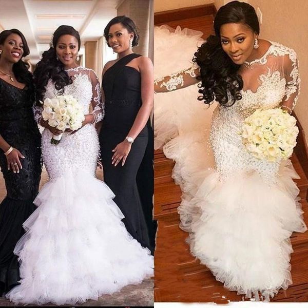 

gorgeous 3/4 long sleeves plus size wedding dresses beads lace sheer arabic african trumpet country bridal gown mermaid bride dress, White