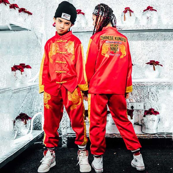 

new hip hop kids clothing red suit tang suit children hip hop dance costume performance street wear ropa jazz girl boys, Black;red