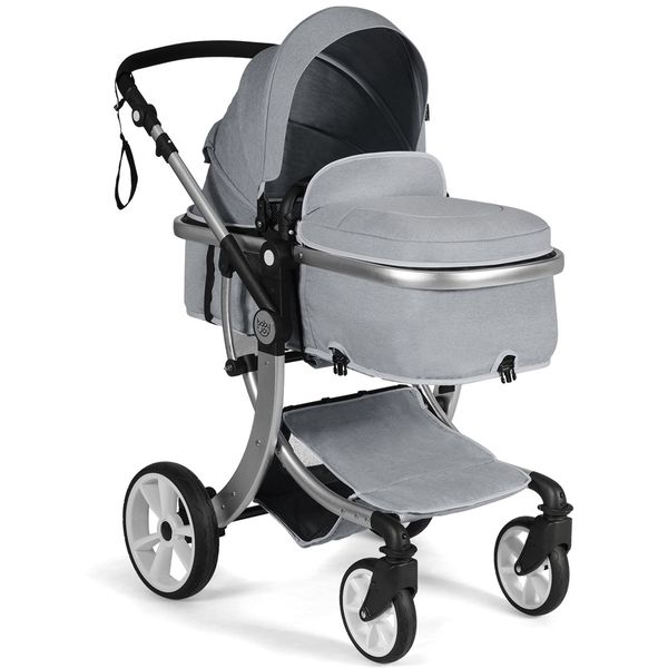 

folding aluminum infant bassinet reversible baby stroller w/ outdoor bag grey