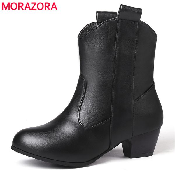 

morazora plus size 34-45 new women's boots thick heel autumn winter western boots ladies solid color ankle women shoes, Black