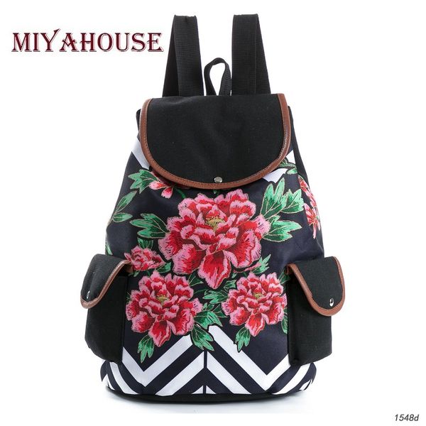 

miyahouse fashion floral print backpack women drawstring design travel rucksacks striped canvas school backpack for teenagers