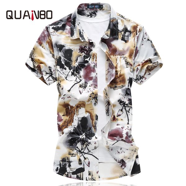 

quanbo men's shirts plus size 6xl 2019 new arrival summer men casual stretch printing floral short sleeve shirt brand clothing, White;black
