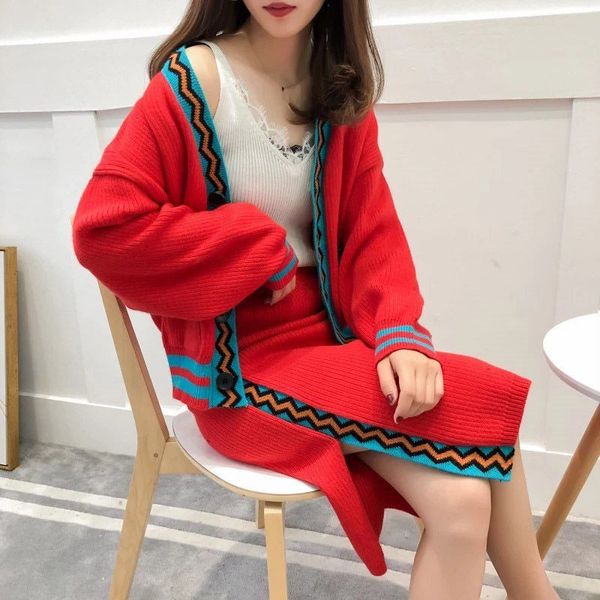 

two piece dress autumn sweater skirt sets women winter knitted long sleeve cardigan high waist slim fashion clothes f1363, White