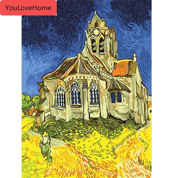 

oil painting night scenery abstract painting by numbers paint church diy canvas picture hand painted home decoration wall art